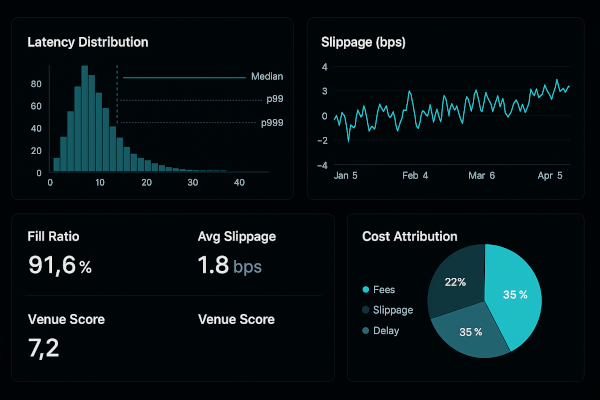 Futuristic dashboard showing crypto trading execution metrics with latency distribution, slippage trend, and cost attribution breakdown.