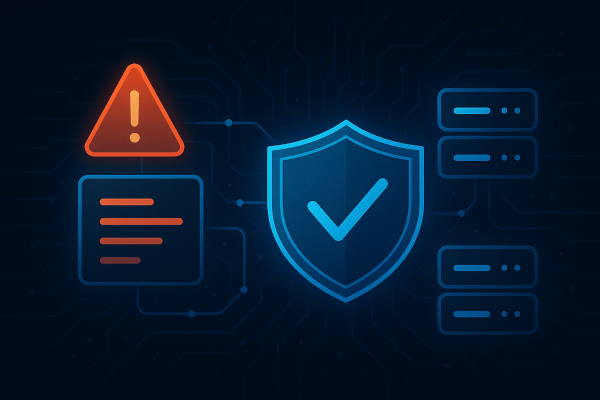 Glowing shield and warning icon illustrating system resilience and fault tolerance in a futuristic network.