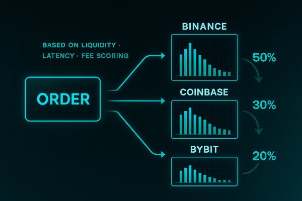 Smart order routing diagram showing an order split across Binance, Coinbase, and Bybit based on liquidity, latency, and fee scoring.