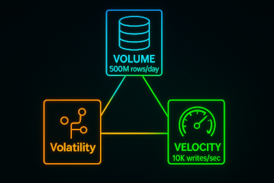 Visualization of database volume, velocity and volatility