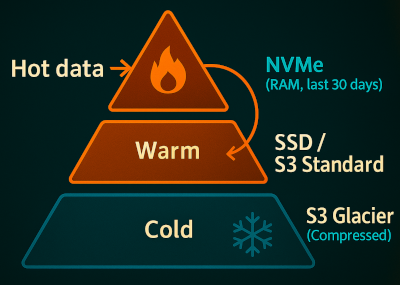 3-tier pyramid diagram showing hot, warm, and cold data storage with NVMe, S3 Standard, and S3 Glacier