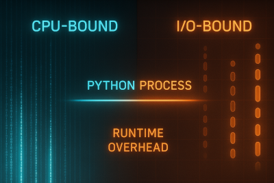 Cyberpunk-style split graphic comparing CPU-bound and I/O-bound processes, with cyan and orange data streams merging at a glowing Python process