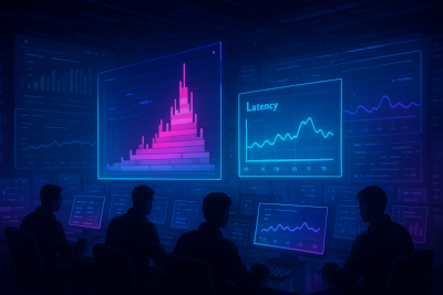 A futuristic cyberpunk operations center bathed in neon blues and magentas. Silhouetted engineers sit at glowing workstations surrounded by holographic flamegraphs and latency charts floating in 3D space. The dark room reflects a sense of continuous monitoring and high-tech system awareness.