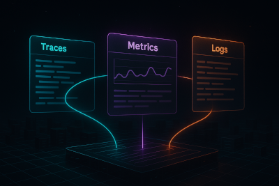 Cyberpunk-style dashboard showing three glowing holographic panels labeled Traces, Metrics, and Logs connected by neon arcs over a dark city grid, symbolizing observability and data flow between system components.