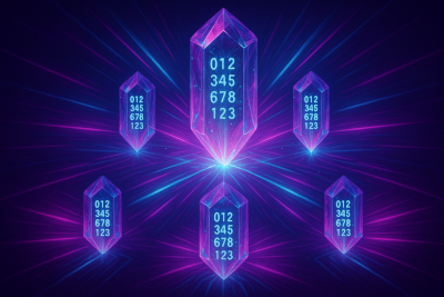 A glowing cyberpunk crystal network radiates from a central data core, each translucent shard displaying vertical sequences of numbers in cyan. The crystals form a hexagonal pattern, emitting synchronized magenta and aqua light bursts across a dark blue backdrop, symbolizing replication, durability, and deterministic data replay.