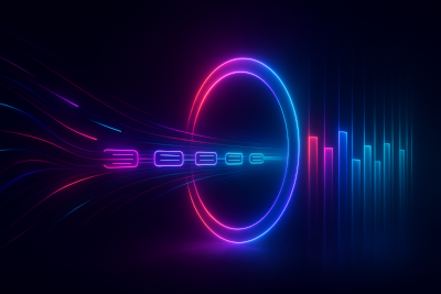 A glowing circular gateway channels chaotic neon light trails on the left into perfectly aligned vertical bars on the right symbolizing the transformation of a linear event log into a structured order book with organized price levels.