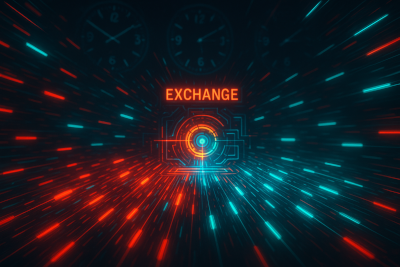 High-speed stream of red and blue data flowing from an exchange matching engine