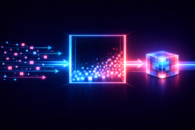 Neon cyberpunk diagram showing flow control through batching: many small glowing squares move independently into a transparent chamber, accumulate inside, then exit together as a single large block, illustrating collection and flush of operations into one batch.