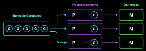 Diagram of the Go scheduler G-M-P model showing runnable goroutines being scheduled onto processor contexts and executed by OS threads
