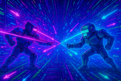 Visualization of adversarial actors competing for MEV inside a digital arena, representing the mempool as a battlefield for ordering and latency races.