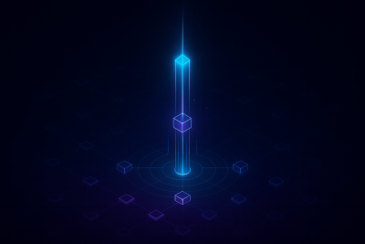 Abstract cyberpunk visualization of block builders rising to a central position of power, symbolized by a glowing vertical structure emerging above a network of nodes.