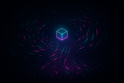 Abstract cyberpunk visualization of the blockspace market, showing neon value flows pulled toward a central block like a gravity well to represent MEV incentives and fairness tensions.