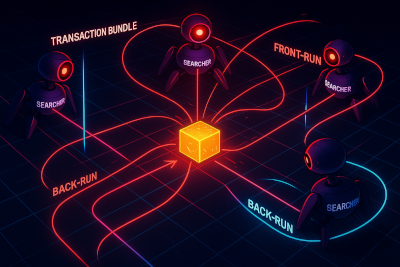 Illustration of multiple MEV searchers submitting competing transaction bundles around a block, showing front-run and back-run ordering paths.