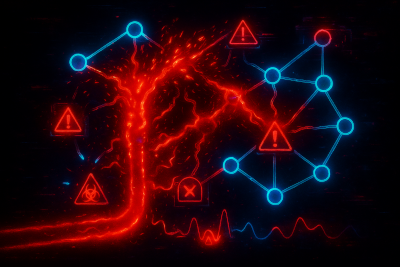 Cyberpunk visualization of a failing data pipeline, with red neon branches breaking and error symbols appearing beside a stable blue DAG structure.