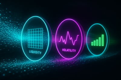 Futuristic neon icons for liquidity, volatility, and aggregated metrics, representing sliding-window computations in trading systems.