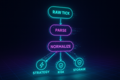 Neon holographic diagram of a market data pipeline showing raw tick input flowing through parse and normalize stages, then fanning out to strategy, risk, and storage systems.
