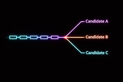 Shared blockchain history branching into multiple valid state candidates (A, B, and C) near the tip