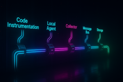 A futuristic cyberpunk data center with glowing neon pipes labeled “Code Instrumentation → Local Agent → Collector → Message Bus → Storage → Query Layer.” The pipeline glows in cyan, magenta, purple, and green, with metallic connectors between stages. The floor reflects the vibrant light, and dark server racks fade into the background, creating a sleek, high-tech atmosphere.