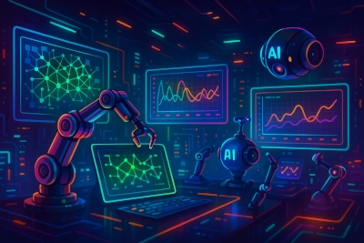 A vibrant cyberpunk control room filled with glowing holographic screens, robotic arms, and floating AI drones. Neon lights in teal, orange, green, cyan, and yellow illuminate network maps, graphs, and predictive data across chrome surfaces in a dark, futuristic environment.
