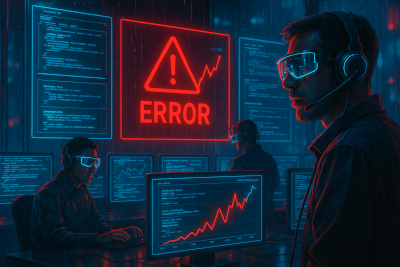 A cyberpunk-style trading operations room illuminated by neon red and blue light. Engineers wearing reflective AR visors and headsets sit at futuristic terminals displaying code, latency graphs, and system data. A giant holographic screen in the center flashes a red warning triangle with the word “ERROR” beside an upward-spiking graph. Rain streaks down the glass walls behind them, and the tense, high-tech atmosphere is reflected on their faces and equipment.