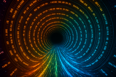 A vibrant digital tunnel made of concentric rings filled with glowing timestamps. Streams of multicolored light—blue, green, yellow, and orange—flow inward toward a dark central core, creating the impression of energy pulses or data waves moving through a high-tech system.