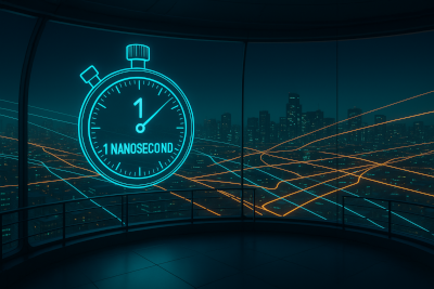 A futuristic observatory with floor-to-ceiling windows overlooks a glowing cyberpunk city at night. A giant holographic stopwatch reading “1 nanosecond” floats in the air, while neon blue and orange data lines trace across the skyline, symbolizing ultra-precise signal propagation.