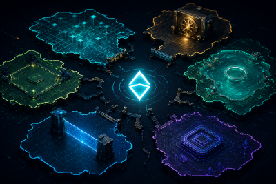Mental model showing one asset identity surrounded by separated liquidity domains such as chains, venues, bridges, pools, and custody systems.
