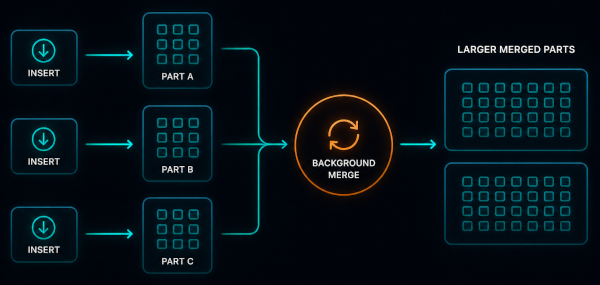 Diagram showing ClickHouse MergeTree inserts creating small immutable parts that are continuously merged in the background into larger optimized parts