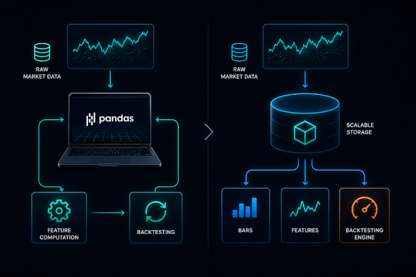 Diagram comparing a local Pandas backtesting workflow that repeatedly recomputes features with a storage-backed architecture that serves reusable bars, features, and backtesting datasets
