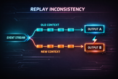 Replay inconsistency where identical events produce different outputs under different interpretation contexts
