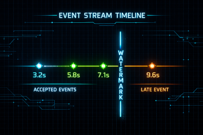Event stream timeline showing a watermark separating accepted events from a late arriving event