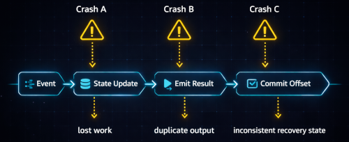 Streaming pipeline crash points showing how failures between state update, emission, and offset commit cause lost work or duplication.