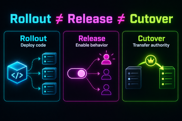 Rollout, release, and cutover are distinct deployment transitions: deploy code, enable behavior, then transfer authority.